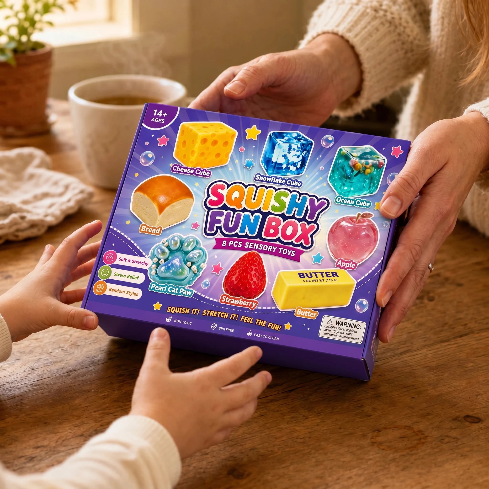 Squishy Fun Box held by hands at home